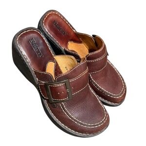 Vtg Y2K Börn‎ Brown Leather Buckle Chunky Clog Mules Wedge Shoes Women's sz 7